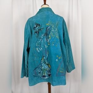 Look East 100% Suede Leather Jacket Oriental Geisha Art to Wear Teal Plus Sz 3X
